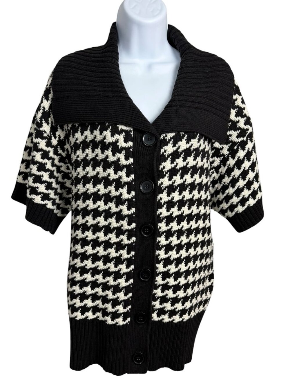 Tweeds Houndstooth Shawl Collar Cardigan Sweater XL Black White Cottagecore